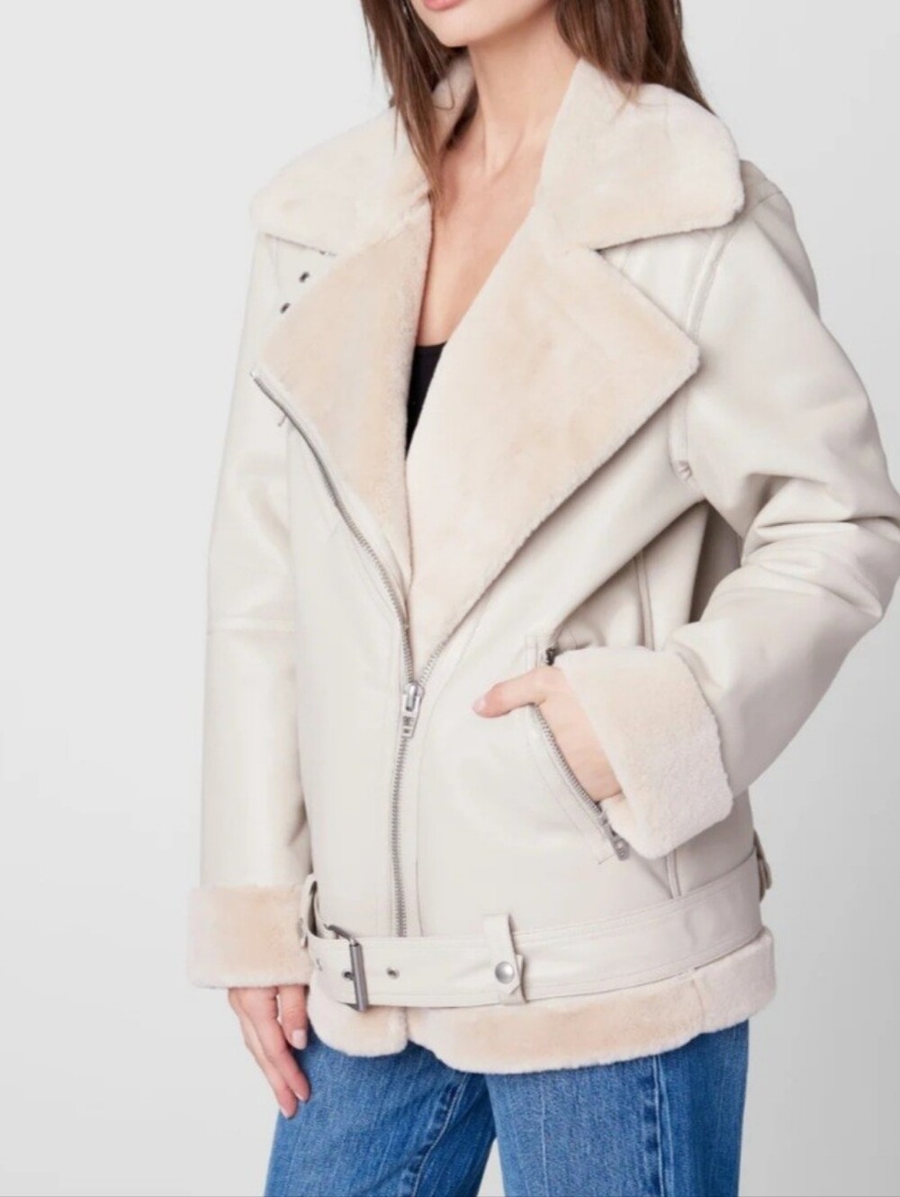 Blank NYC Cream Faux Shearling Moto Jacket